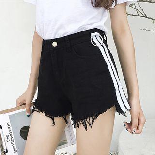 Contrast Trim Fray Hem Denim Shorts