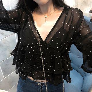 Long-sleeve Ruffled Dotted Blouse