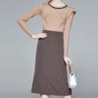 Set: Ruffle Long-sleeve Knit Top + High-waist Midi A-line Skirt