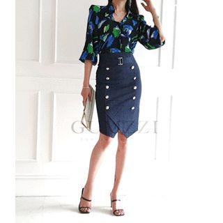 Padded-shoulder Balloon-sleeve Patterned Blouse