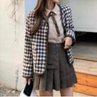 Plaid Jacket / Bow-neck Shirt / Mini A-line Pleated Skirt