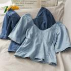 Cropped V-neck Denim Blouse