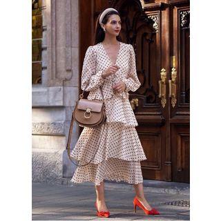 Long-sleeve Dotted Layered Maxi Dress