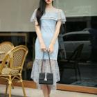 Short-sleeve Ruffle-trim Lace Midi Sheath Dress