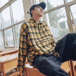 Drawstring Hem Long-sleeve Plaid Top