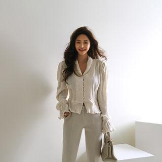Shawl-collar Peplum Velvet Blouse Ivory - One Size