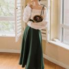 Set: Long-sleeve Cold Shoulder Top + Suspender Midi A-line Dress