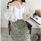 Ruffle Puff-sleeve Top / Floral Midi Skirt