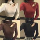 Cutout Turtle-neck Long-sleeve Slim-fit Knit Top