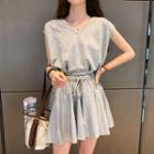 Set: Sleeveless V-neck T-shirt + Drawstring Waist Culottes