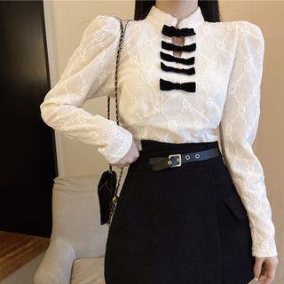 Ribbon Lace Blouse / Mini Pencil Skirt