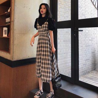 Set: Puff-sleeve Blouse + Plaid Midi Pinafore Dress