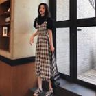 Set: Puff-sleeve Blouse + Plaid Midi Pinafore Dress