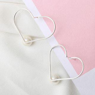Heart Faux Pearl Earring Heart - Silver - One Size