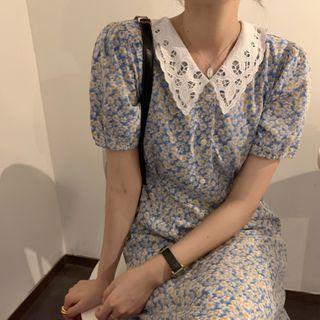 Short-sleeve Floral Print Midi Dress Blue - One Size