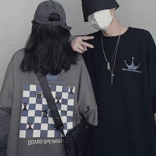 Couple Matching Elbow-sleeve Chess Print T-shirt