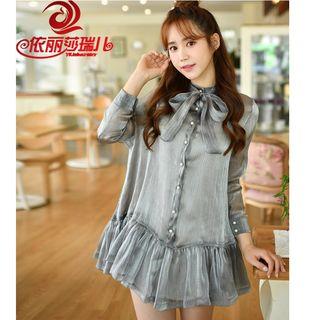 Tie-neck Long-sleeve Buttoned Dress