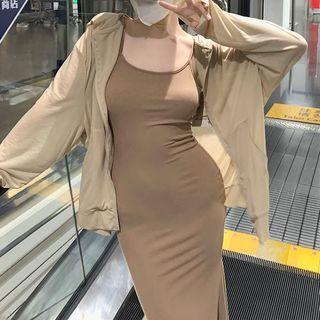 Spaghetti-strap Slit Midi Sheath Dress / Zip-up Hoodie