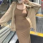Spaghetti-strap Slit Midi Sheath Dress / Zip-up Hoodie