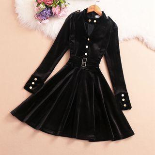 Long-sleeve Buckled Velvet A-line Dress