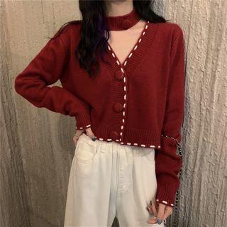 Set: Contrast Stitching Cardigan + Scarf