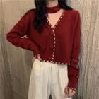 Set: Contrast Stitching Cardigan + Scarf