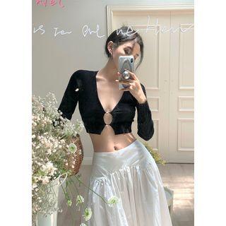 Long-sleeve Plain Cropped Top / Plain A-line Midi Skirt