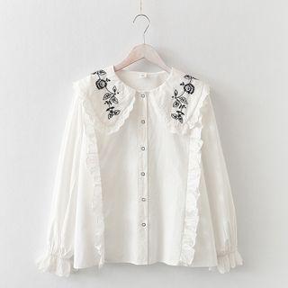 Floral Embroidered Ruffle Trim Blouse White - One Size