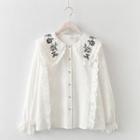 Floral Embroidered Ruffle Trim Blouse White - One Size