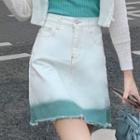 Two-tone Frayed Denim Mini A-line Skirt