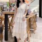 Short-sleeve Lace A-line Midi Tiered Dress