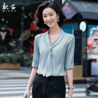 V-neck Plain Bow Chiffon Blouse