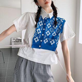 Mock Two-piece Short-sleeve Floral Knit Panel Shirt