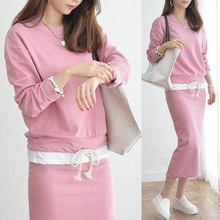Set: Layered-hem Sweatshirt + Band-waist Skirt