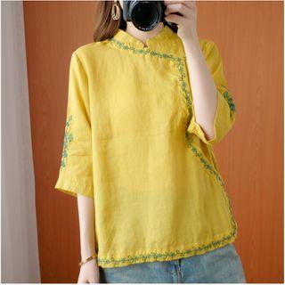 Mandarin Collar Embroidered Elbow-sleeve Blouse