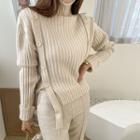 Turtleneck Buttoned Rib-knit Top