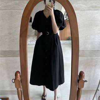 Puff-sleeve Button-up Midi Smock Dress
