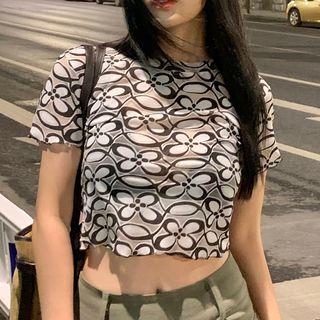 Print Cropped T-shirt Black - One Size