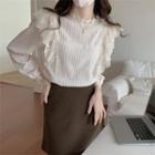 Long Sleeve Lace Panel Striped Top