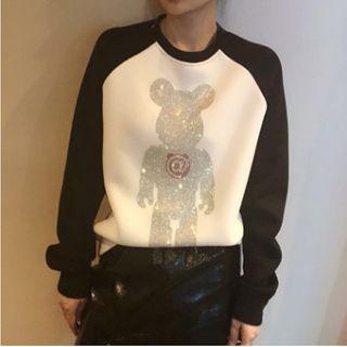 Rhinestone Bear Round Neck Pullover
