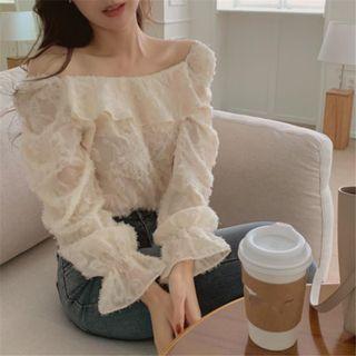 Long-sleeve Off-shoulder Textured Blouse