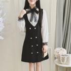 Set: Tie-neck Blouse + Double-breasted Pinafore Dress