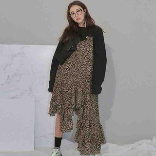 Animal Print Strappy Ruffle-hem Dress
