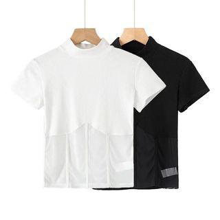 Short-sleeve Mock-neck Mesh Panel T-shirt