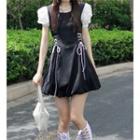 Puff-sleeve Color-block Lace Up Mini Dress