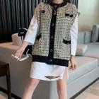 Distressed Long-sleeve Mini T-shirt Dress / Tweed Contrast Trim Vest