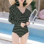 Set: Long-sleeve Striped Collared Swimsuit + Swim Skirt