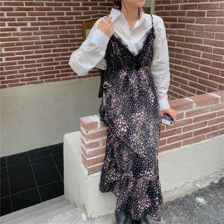 Floral Printed Lace Panel Spaghetti Strap Midi Dress Black - One Size