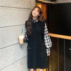 Plaid Long-sleeve Blouse / Plain Knit Mini Pinafore Dress