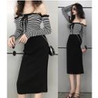 Off-shoulder Striped Long-sleeve T-shirt / High Waist Knit Skirt